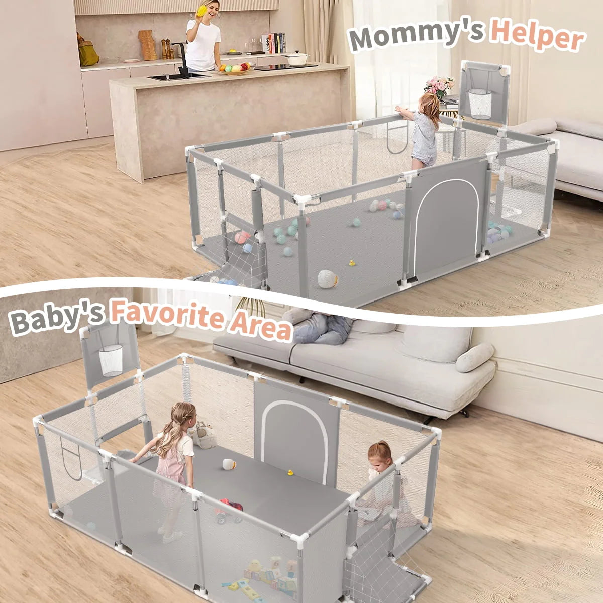 71 Inch Blue Baby Playpen with Basketball Hoop and Mesh J985