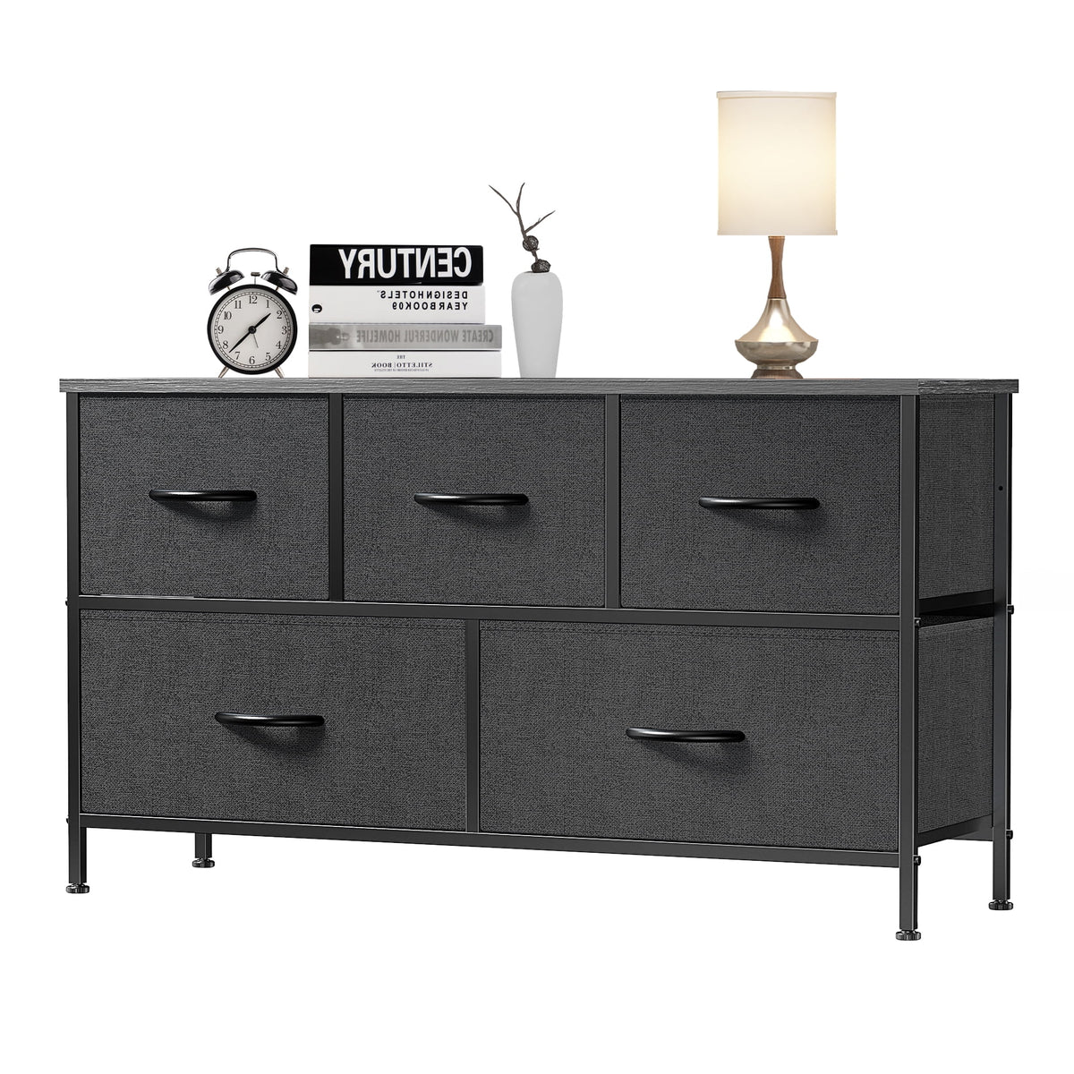 Black 5 Drawer Fabric Dresser with Wood Top F4595
