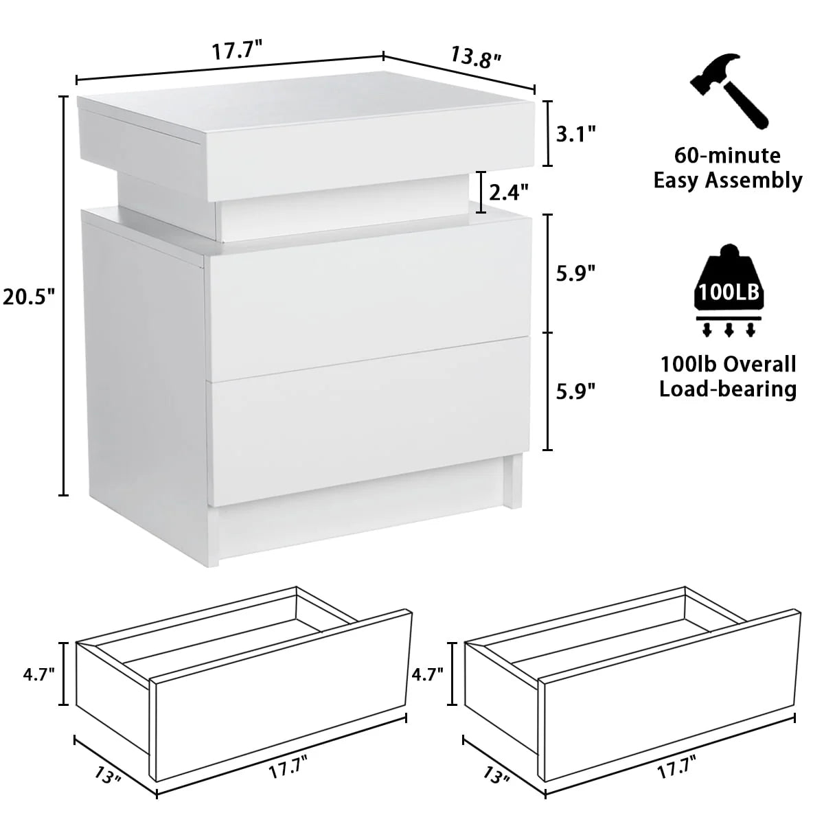 White 2 Drawer High Gloss Nightstand K846759