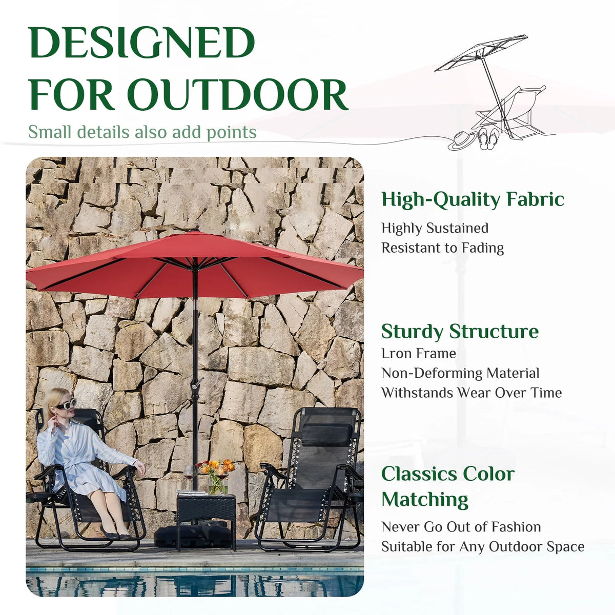 9-Ft Outdoor Patio Umbrella with Push Button Tilt and Crank W49859