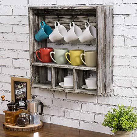 Rustic Torched Wood Wall Mounted Coffee Mug Display Rack K71072