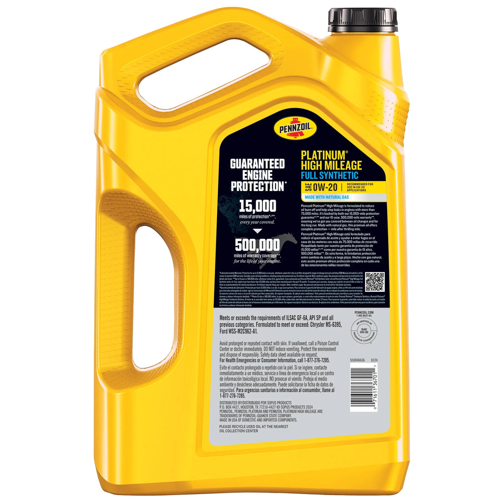 0W-20 Full Synthetic High Mileage Motor Oil, 5 Quart D5885