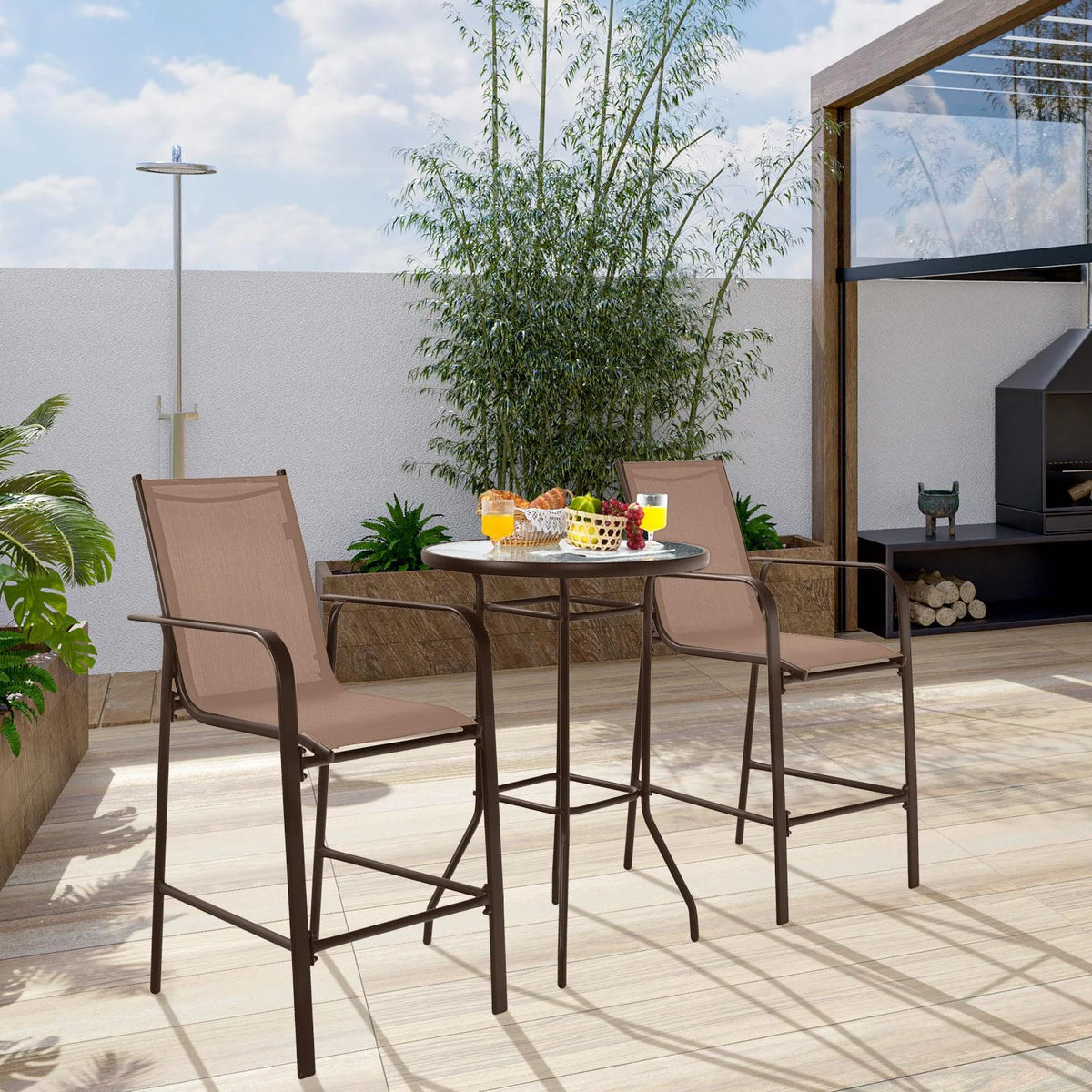 3 Pieces Outdoor Patio Bar Set with 2 Bar Stools and Tempered Glass Bar Table, Black S6439