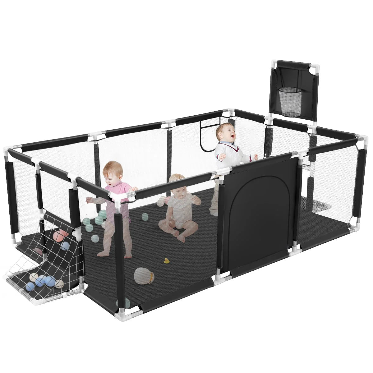 71 Inch Blue Baby Playpen with Basketball Hoop and Mesh J985