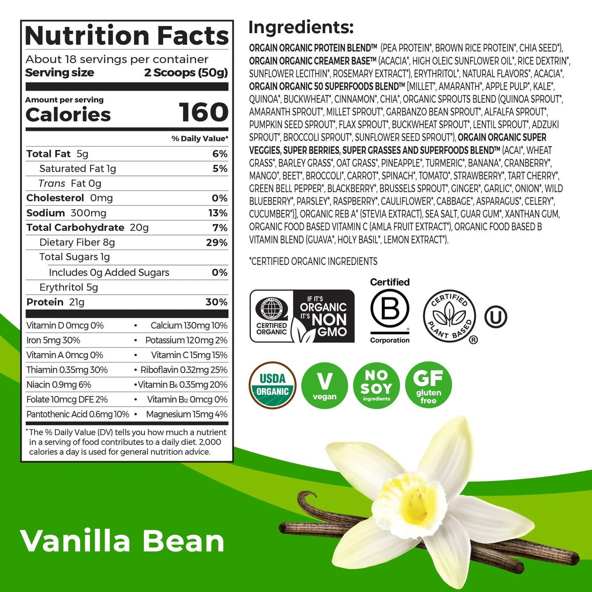 Organic Plant Based Protein Superfoods Powder Vanilla Bean 2.02 lb E2498