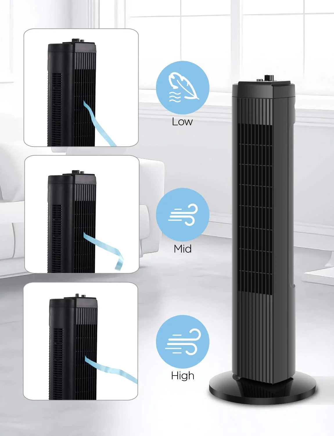 Black 3-Speed Oscillating Tower Fan Y746