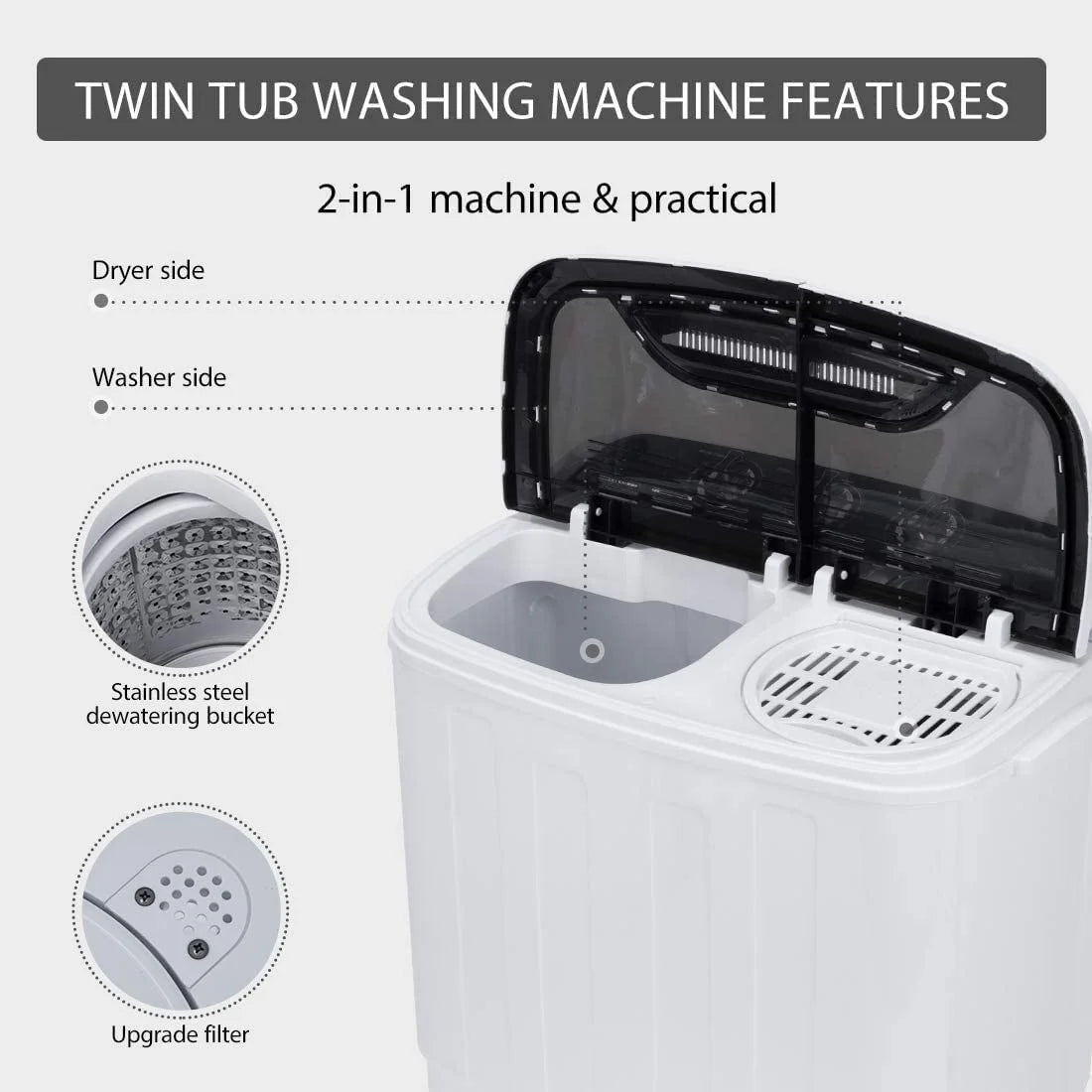 Portable Twin Tub Mini Laundry Washer and Spin Dryer Combo 13.5lbs G189988