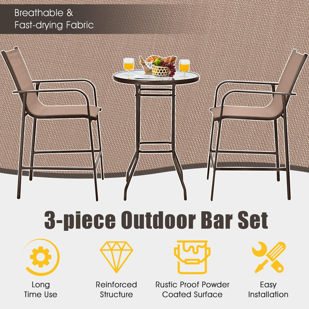 3 Pieces Outdoor Patio Bar Set with 2 Bar Stools and Tempered Glass Bar Table, Black S6439